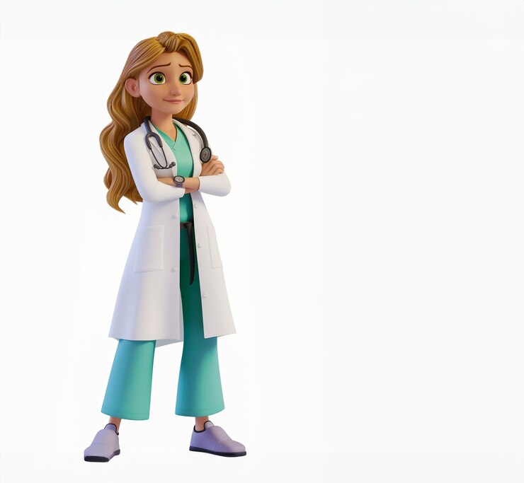 3d cartoon Smiling medical doctor woman with stethoscope Isolated background