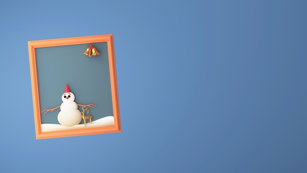 3D Cartoon Snowman Wearing Santa Hat With Golden Reindeer Jingle Bell Inside Frame And Copy Space On Blue Background