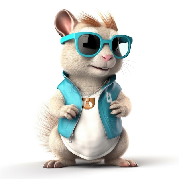 3D cartoon Squirrel portrait wearing clothes glasses hat and jacket standing in front