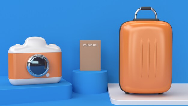 3d cartoon stijl abstracte camera bagage paspoort 3d-rendering