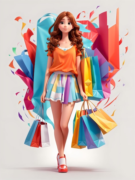 3d cartoon style character of Girl with shopping bag created with Generative AI