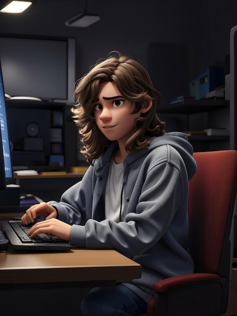 Фото 3d-персонаж мальчика в офисе в мультяшном стиле, созданный с помощью генеративного искусственного интеллекта