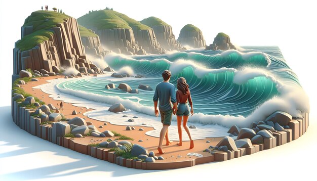 Foto concept di romanticismo costiero in stile cartone animato 3d coppia che cammina a piedi nudi lungo la costa accidentata condividendo te