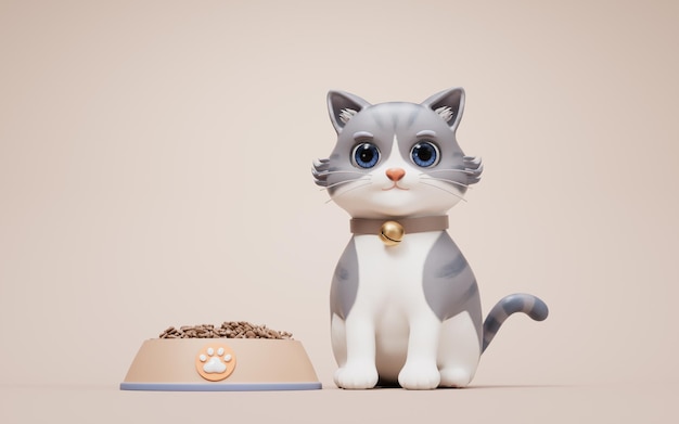 3d cartoon style cute cat and bowl 3d rendering 3d illustration