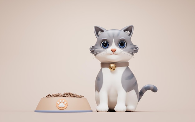 3D カートゥーン スタイルの可愛い猫とボウル 3D レンダリング 3D イラスト