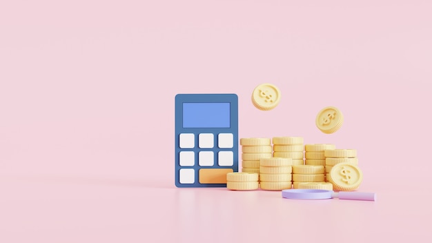 3D cartoon style design. coins, calculator, and icon. business Investments, money savings, budget management, and financial profit concept. 3d render illustration