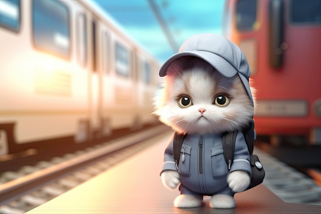 3d cartoon style illustration with a sad tiny kitten family dressed waiting for a train