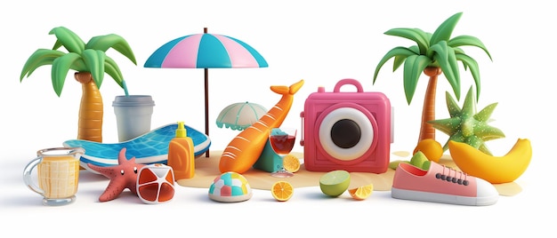 사진 카메라와 우산을 포함한 투명한 장난감 세트에 세워진 3d 만화 여름 휴가 아이콘