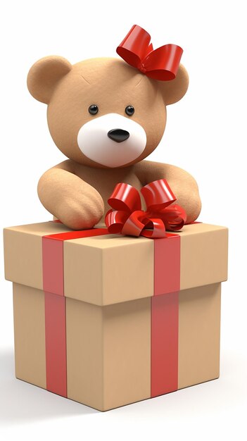 Photo 3d cartoon teddy bear in the gift box