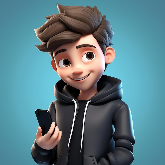 3D cartoon teenage boy character looking at mobile phone