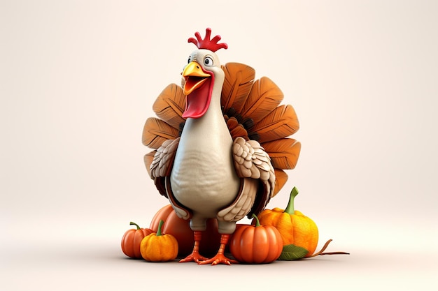 3D Cartoon Thanksgiving Turkey on a White Background