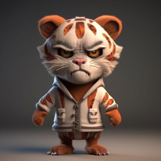 3D cartoon Tiger portrait wearing clothes glasses hat and jacket standing in front