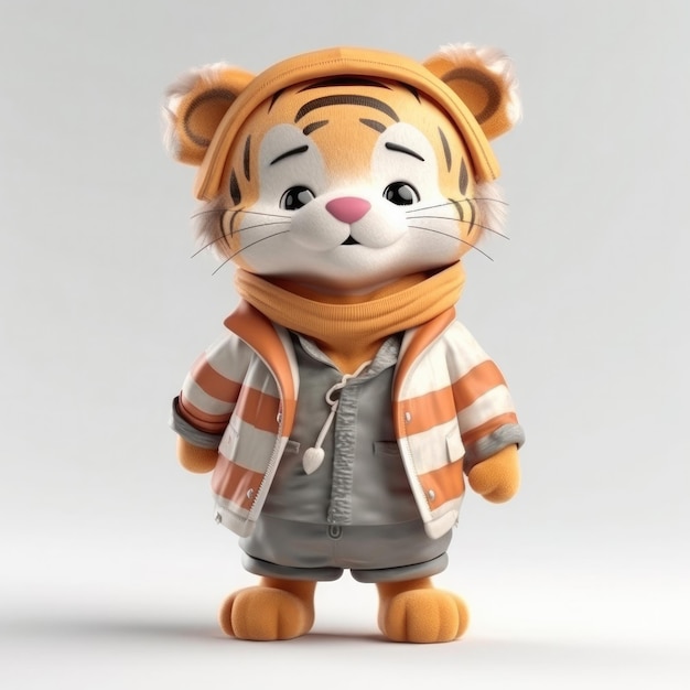 3D cartoon Tiger portrait wearing clothes glasses hat and jacket standing in front