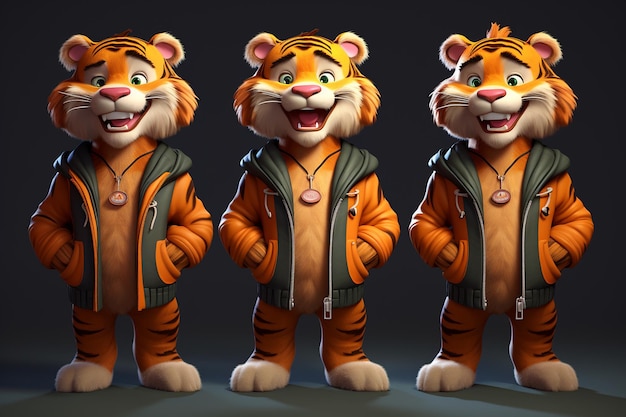 Photo 3d cartoon tiger wearing cute outfit