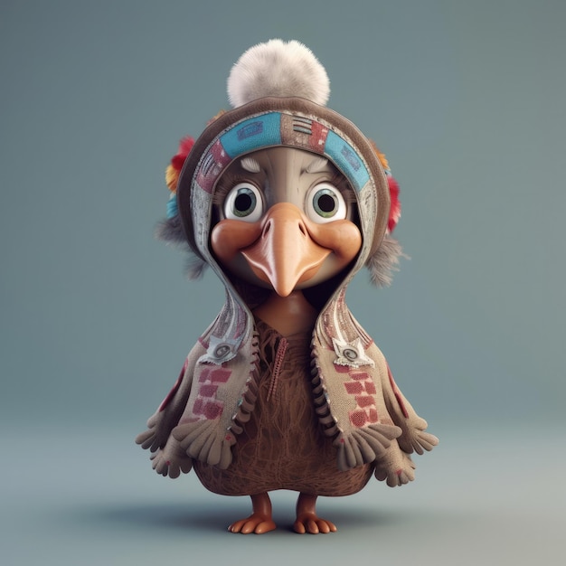 3D cartoon Turkey portrait wearing clothes glasses hat and jacket standing in front