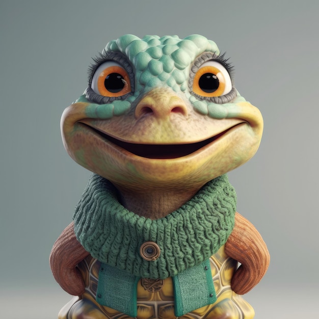 3D cartoon Turtle portrait wearing clothes glasses hat and jacket standing in front