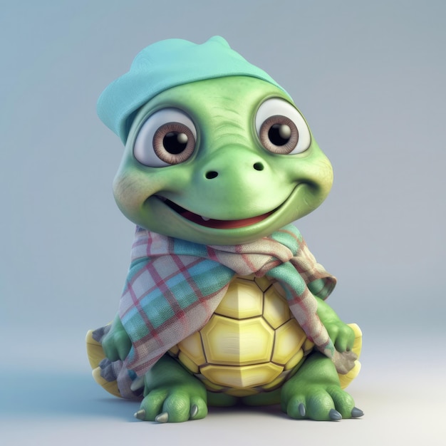 3D cartoon Turtle portrait wearing clothes glasses hat and jacket standing in front