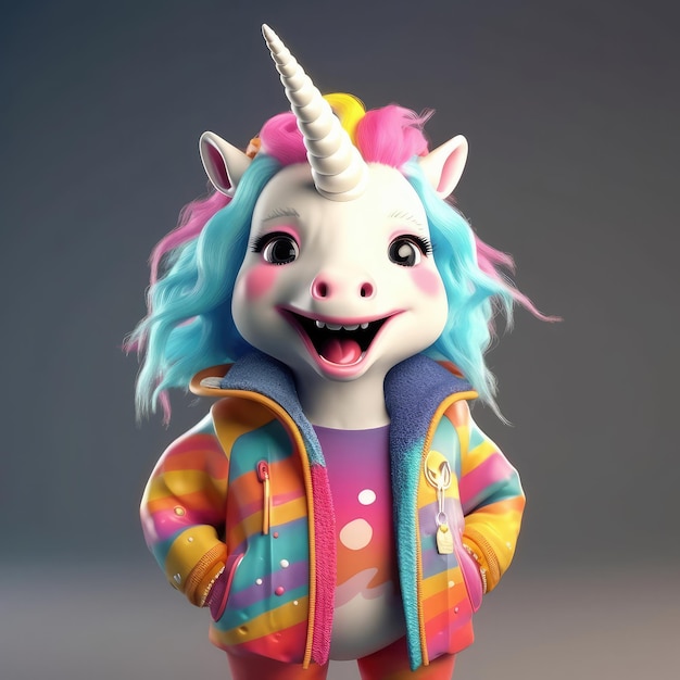 3D cartoon unicorn portrait wearing clothes standing in front studio lights generative ai