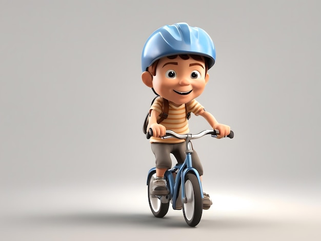 Foto 3d cartoon van een kleine jongen die op een fiets rijdt op een witte achtergrond