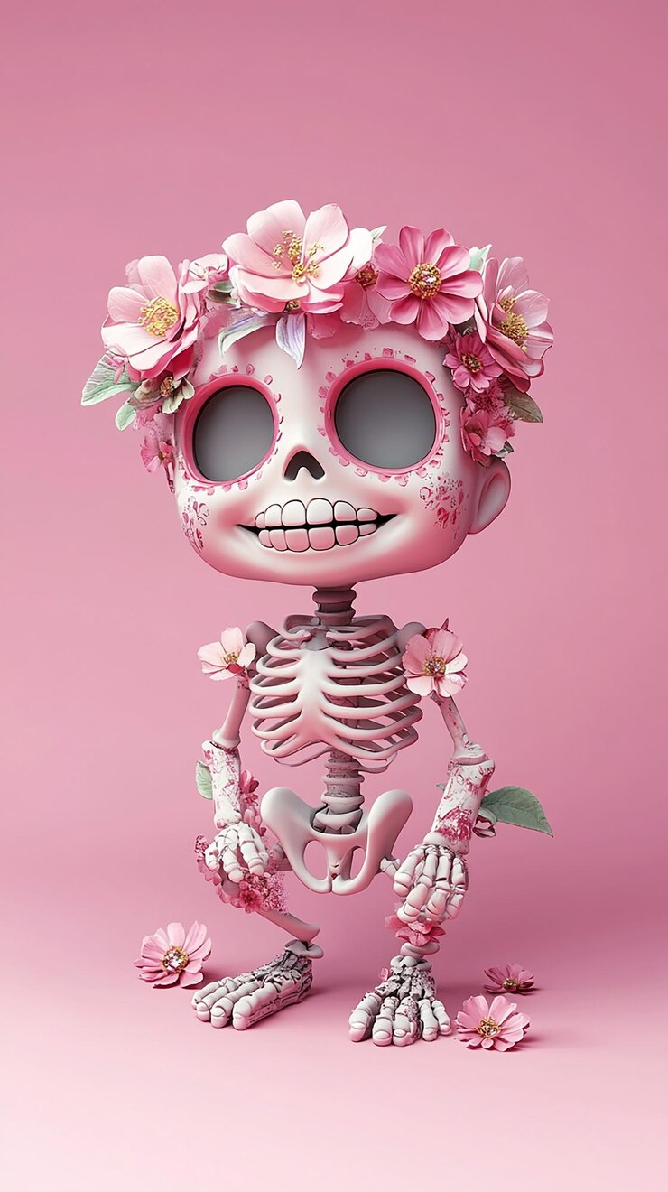 Foto 3d cartoon van een schattig baby skelet met een roze bloem
