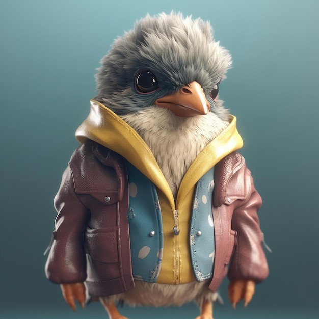 3D cartoon vogel portret dragen kleding bril hoed en jas staan vooraan