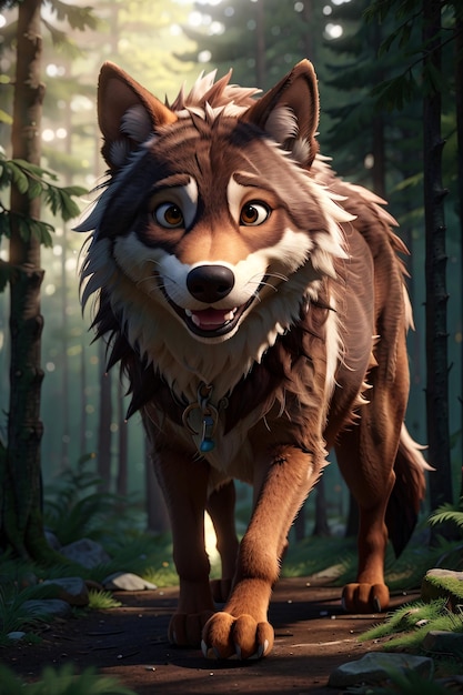 3D Cartoon Wolf Wandering Alone in The Forest