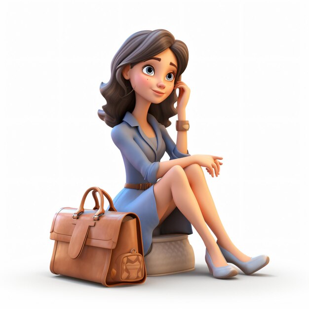 3D cartoon woman sitting on the floor with handbag isolated