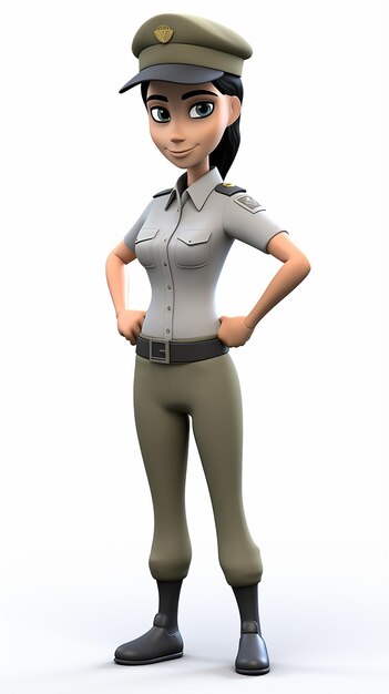 Photo 3d a cartoon young woman in military uniform isolated