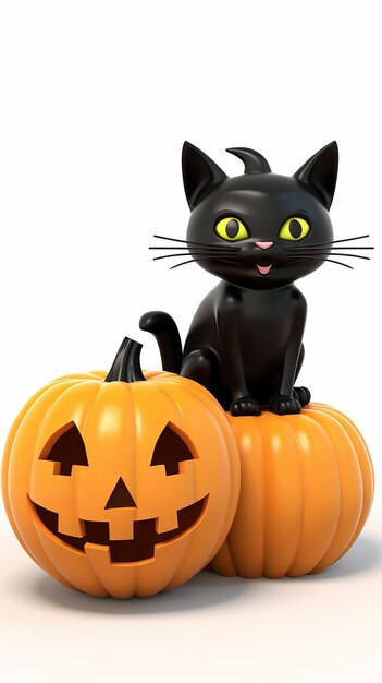 Foto 3d cartoon zwarte kat met halloween pompoen