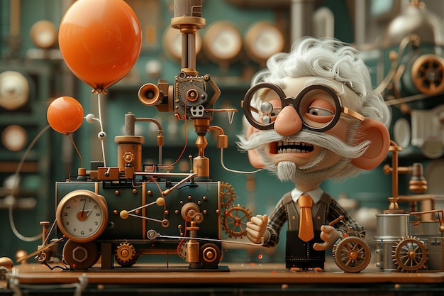 a 3D cartoonish inventor beside a wildly complex Rube Goldberg machine designed for a simple but hil