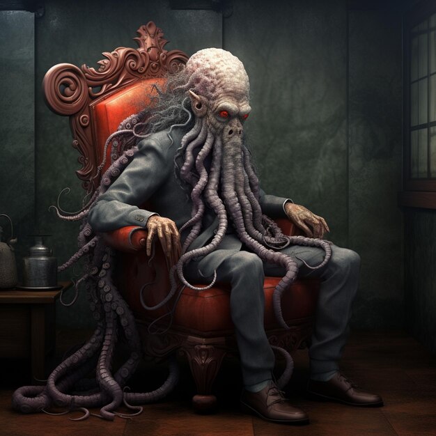 3d cartoonist personage octopus met grijs haar zit op een stoel