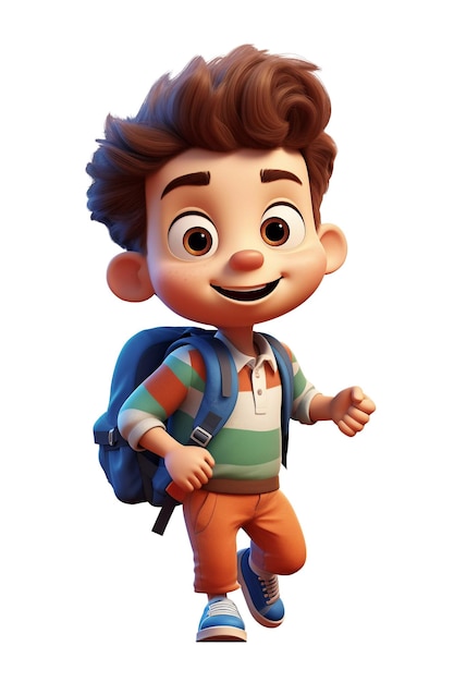 3D CartoonStyle Illustratie van een cartoon jongen die naar school gaat geïsoleerd op een witte achtergrond Leuk personage voor terug naar school of reisprojecten