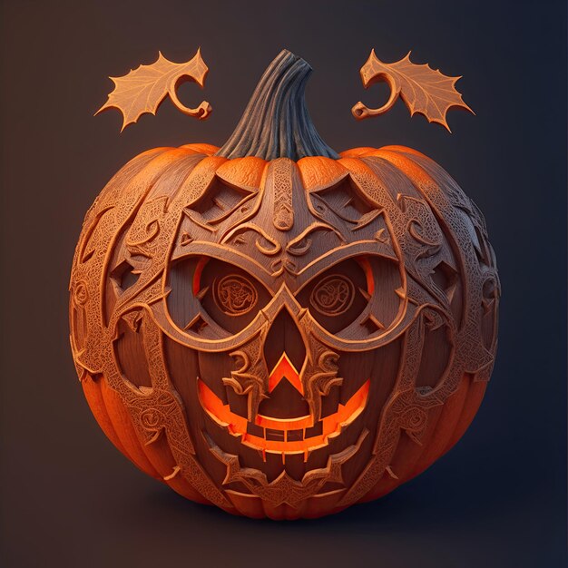 3D carved gothic Halloween pumpkin jack o lantern with evil eyes and face