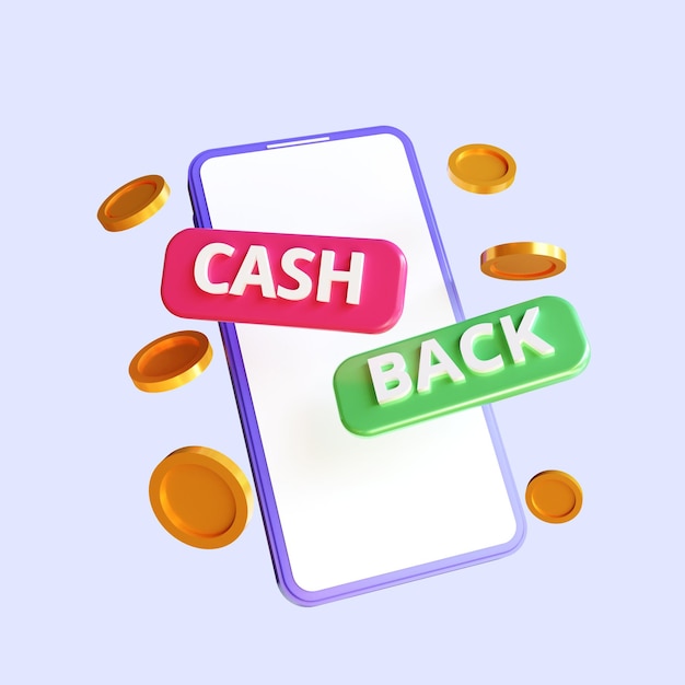 Foto 3d cashback-concept, ontvang beloningen, digitale betaling met geld terug, online winkelen, loyaliteitsprogramma