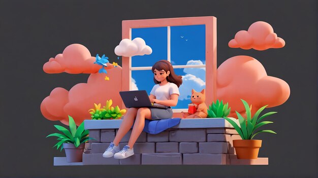 3D Casual brunette girl working on laptop sitting on window