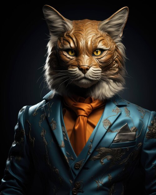 劇的なスタジオの背景を持つ真剣な表情の人体を持つビジネス スーツを着た 3 D の猫