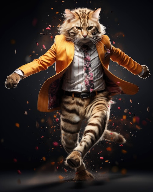 3D Cat in business suit with a human body looking serious with a dramatic studio background