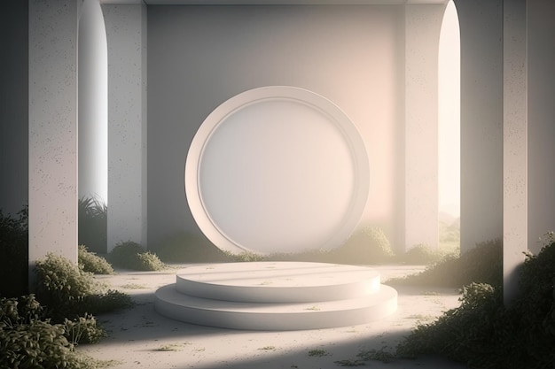 3D Ceramic Round Podium For Product With Nature Background Generated AI