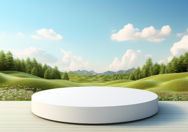 3D Ceramic Round Podium Stage product display With Nature scenery landscape Background AI Generative