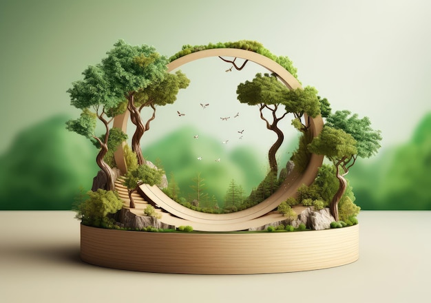 3D Ceramic Round Podium Stage product display With Nature scenery landscape Background AI Generative
