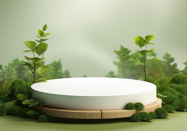 3D Ceramic Round Podium Stage product display With Nature scenery landscape Background AI Generative