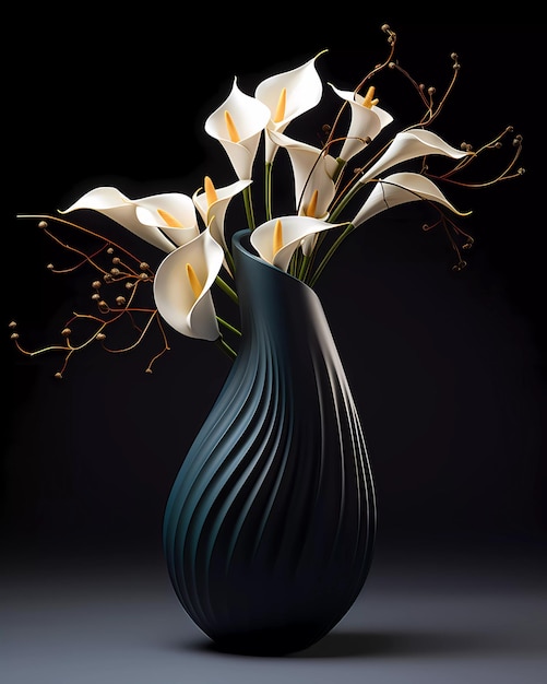 3d ceramic vase with bouquet tulip flowers on dark black background