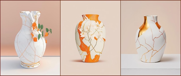3d ceramic vases with flowers, on light, rose background. for use on a wall frame