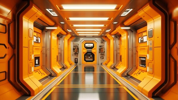 Foto rendering 3d cg del corridoio della stazione spaziale con luci arancioni fresche