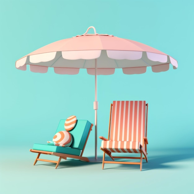 Photo 3d chaise lounge and beach umbrella in pastel colors