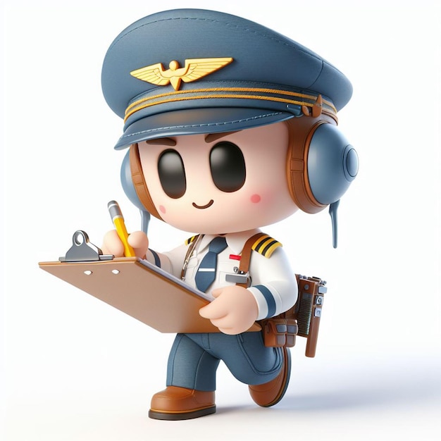 3D CHARACTER OF AN AIRPLANE PILOT ON A WHITE BACKGROUND