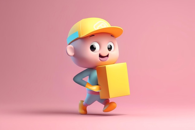 3d character boy holding cardboard box on yellow background Generative AI