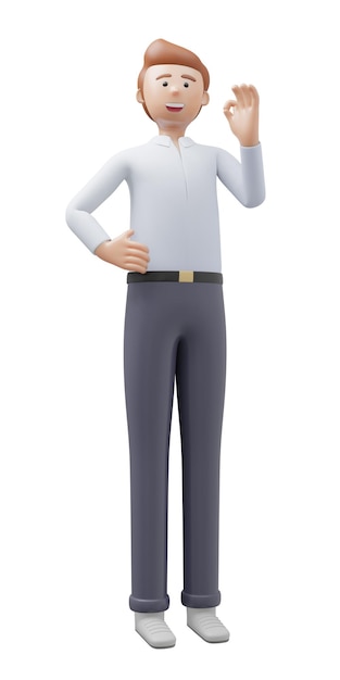Personaggio 3d uomo d'affari posa azienda prodotto e mano ok immagine di sfondo bianco isolato