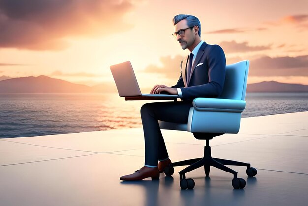 3D-персонаж бизнесмена, сидящего в кресле с ноутбуком с бизнес-концепцией