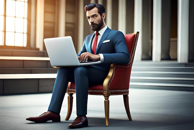 3D-персонаж бизнесмена, сидящего в кресле с ноутбуком с бизнес-концепцией